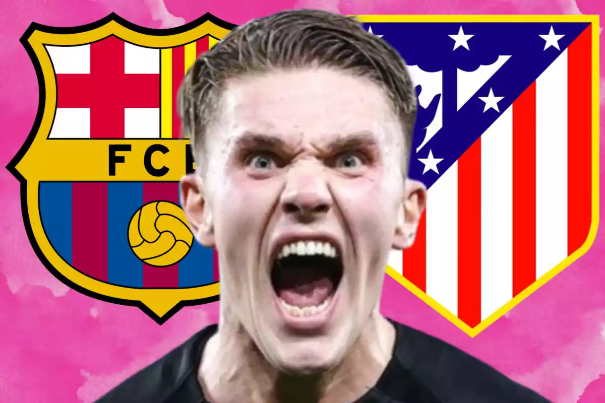 A man shouting with the FC Barcelona and Atlético de Madrid crests in the background against a pink backdrop.