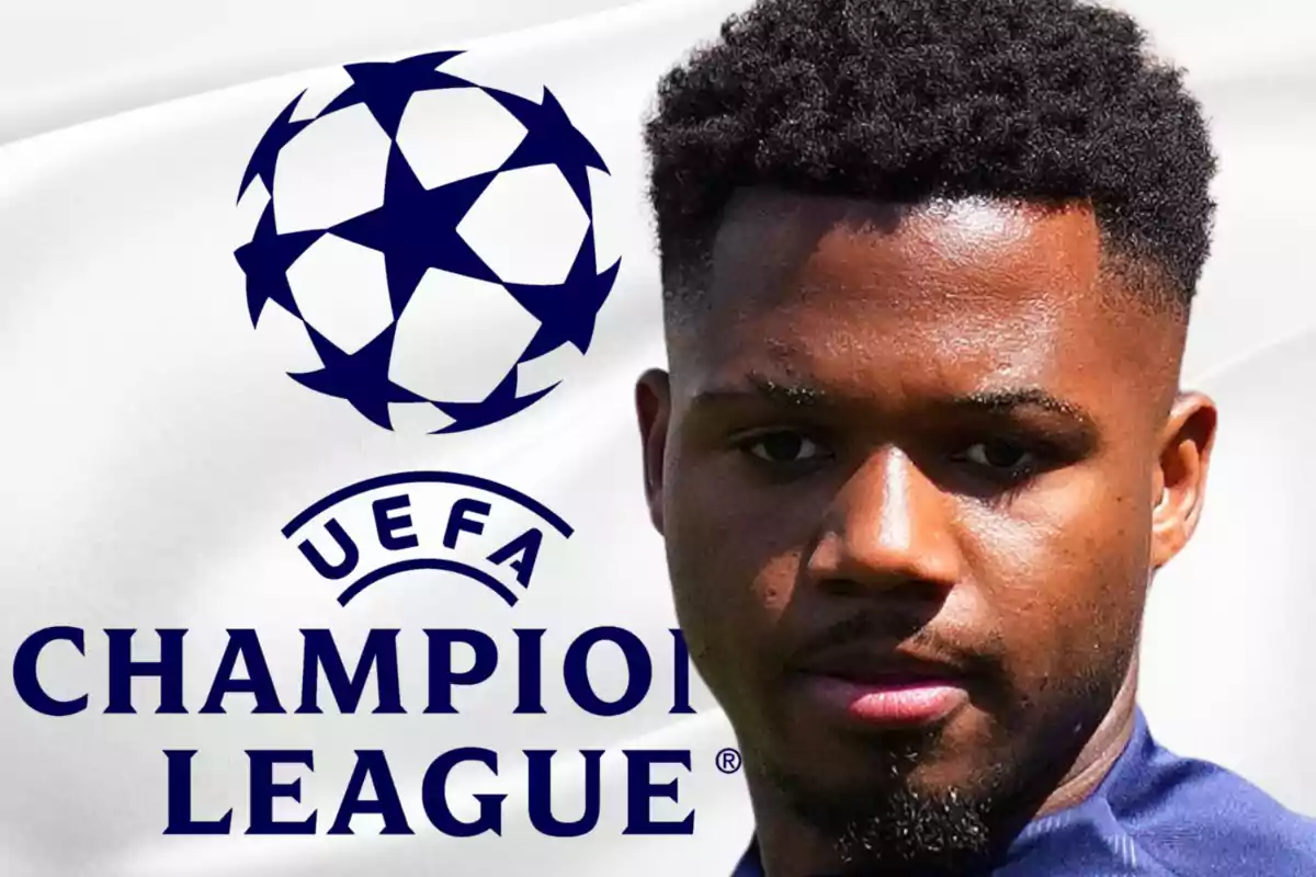 A player in front of the UEFA Champions League logo.