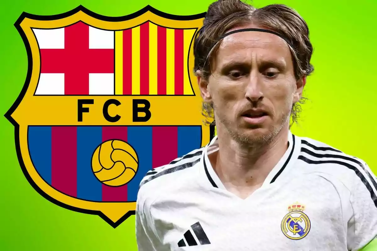 A soccer player wearing a Real Madrid jersey in front of the FC Barcelona crest on a green background.