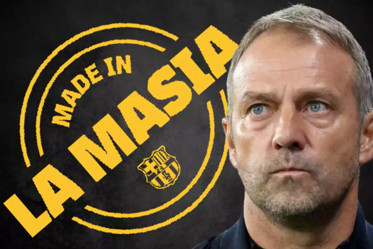 Hombre de cabello corto y canoso con expresión seria frente a un fondo negro con el texto amarillo "Made in La Masia" y el escudo del FC Barcelona