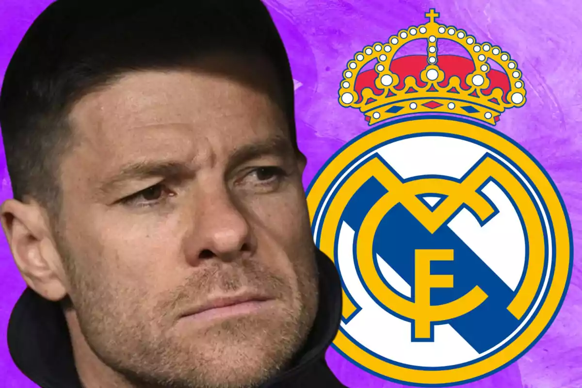 Short-haired man with a serious expression next to the Real Madrid crest on a purple background