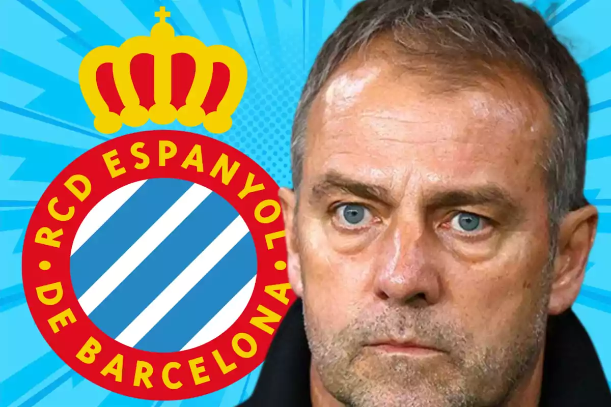 Un hombre con expresión seria frente al escudo del RCD Espanyol de Barcelona sobre un fondo azul.