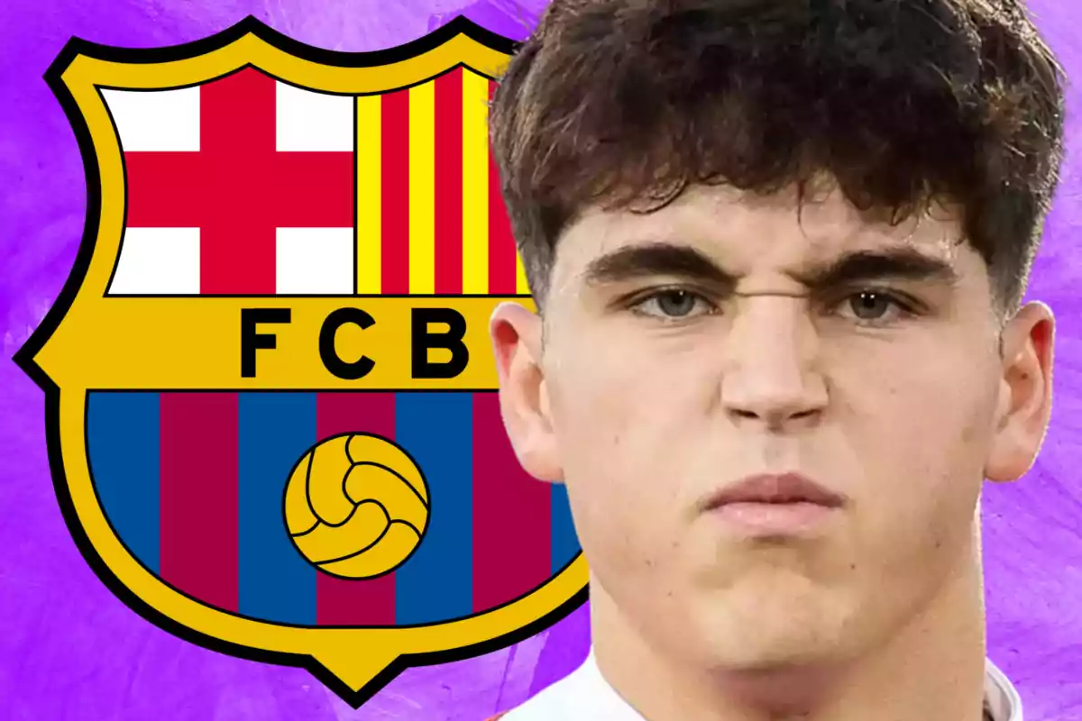Young man with a serious expression in front of the FC Barcelona crest against a purple background