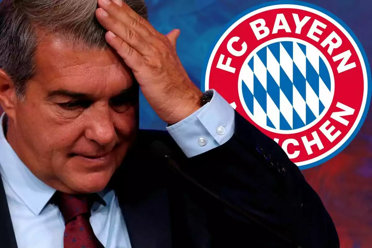 Un hombre con expresión preocupada se toca la cabeza mientras el logo del FC Bayern Múnich aparece en el fondo.