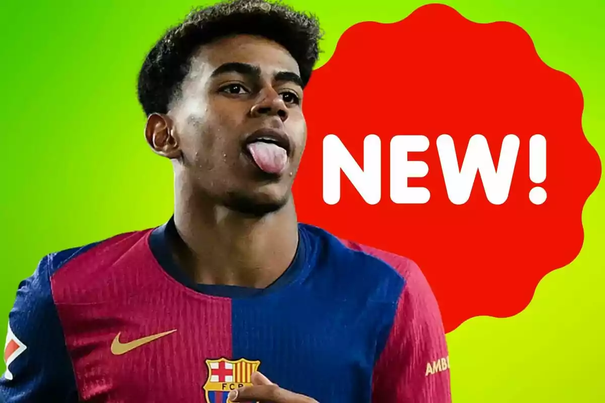 Jugador de fútbol con camiseta del FC Barcelona sacando la lengua sobre un fondo verde con un gráfico rojo que dice "NEW".