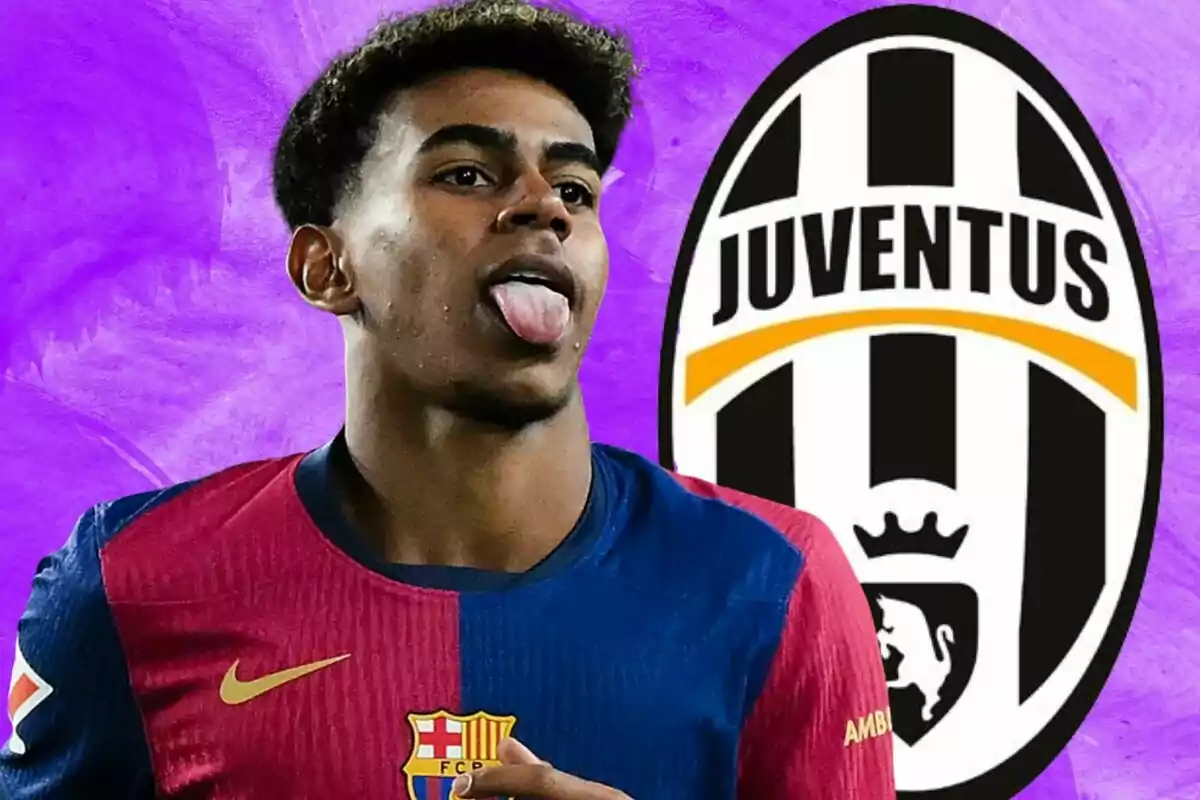 Un jugador de fútbol con la camiseta del Barcelona saca la lengua frente al logo de la Juventus sobre un fondo morado.