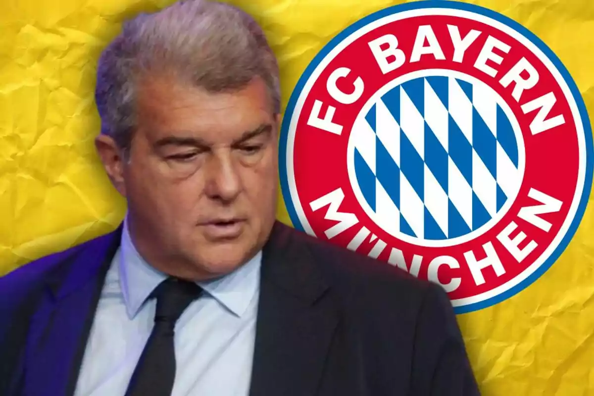 A man in a suit stands in front of the FC Bayern München logo on a yellow background.