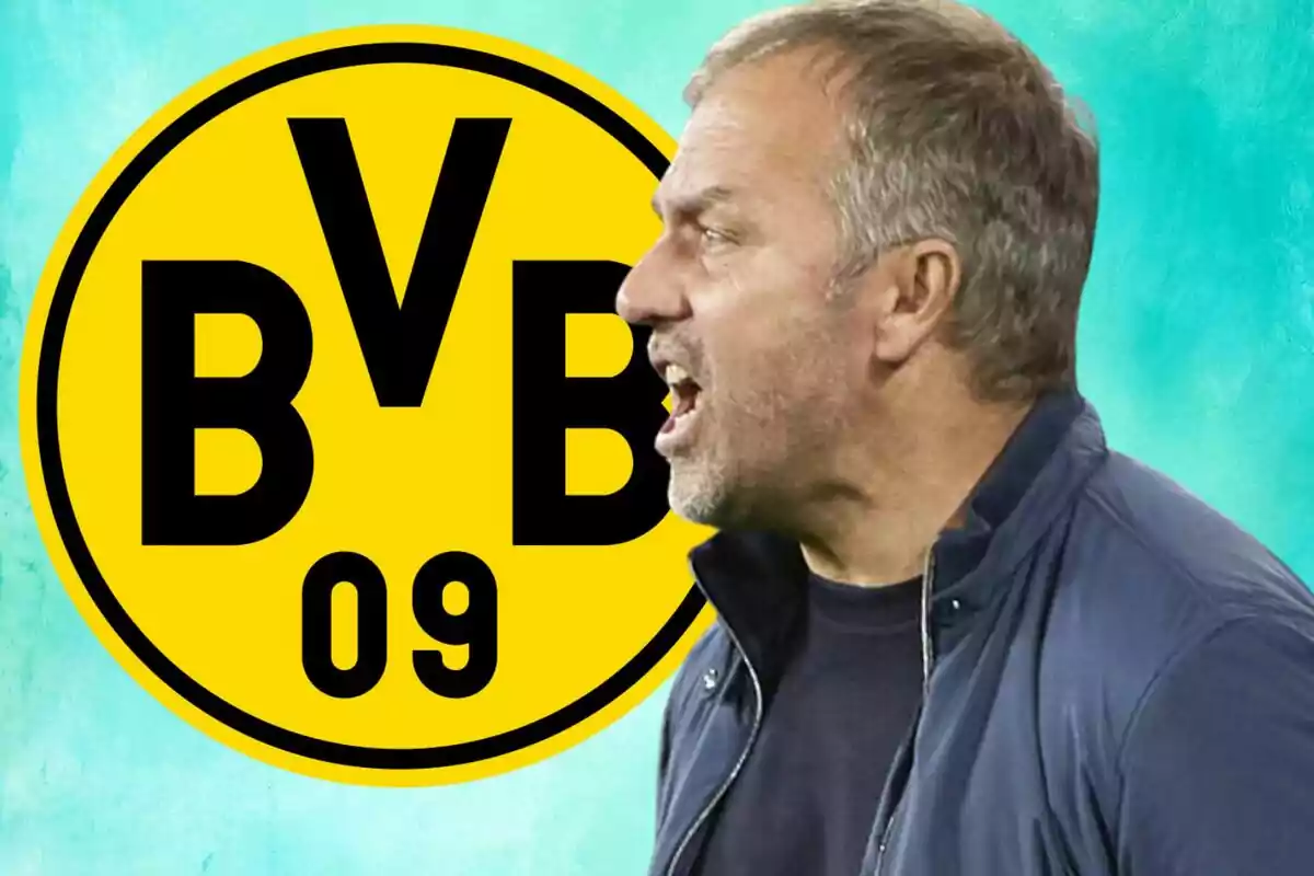 Man in profile with intense expression next to the Borussia Dortmund logo on a turquoise background.