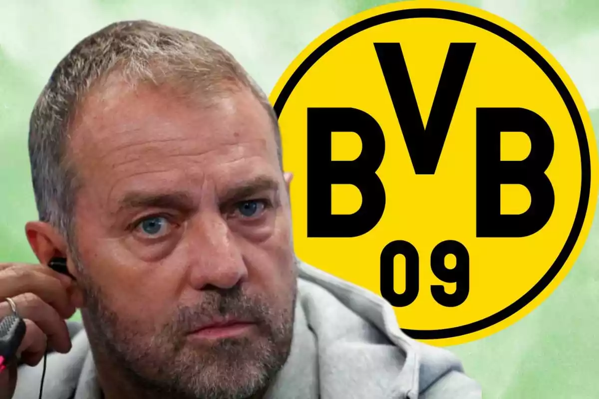 Man with headphones in front of the Borussia Dortmund logo.