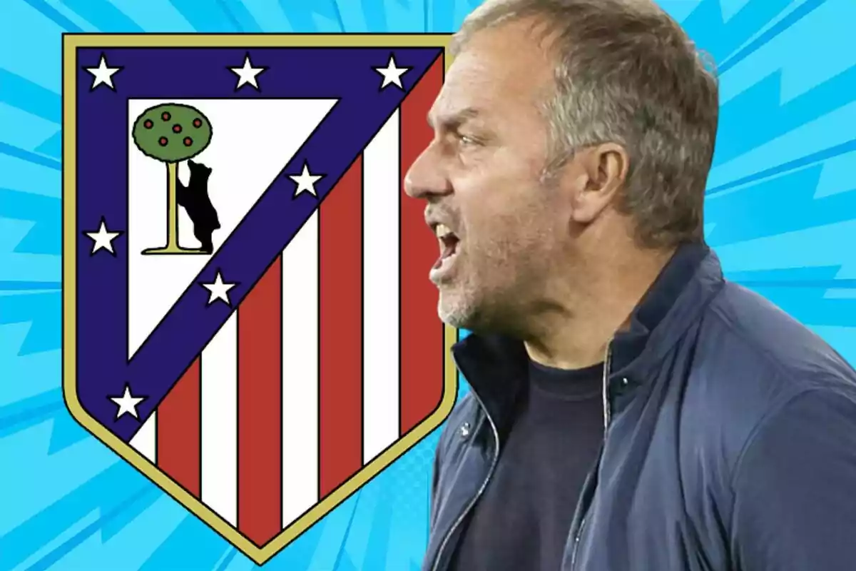 Un hombre gritando con el escudo del Atlético de Madrid de fondo sobre un diseño azul.