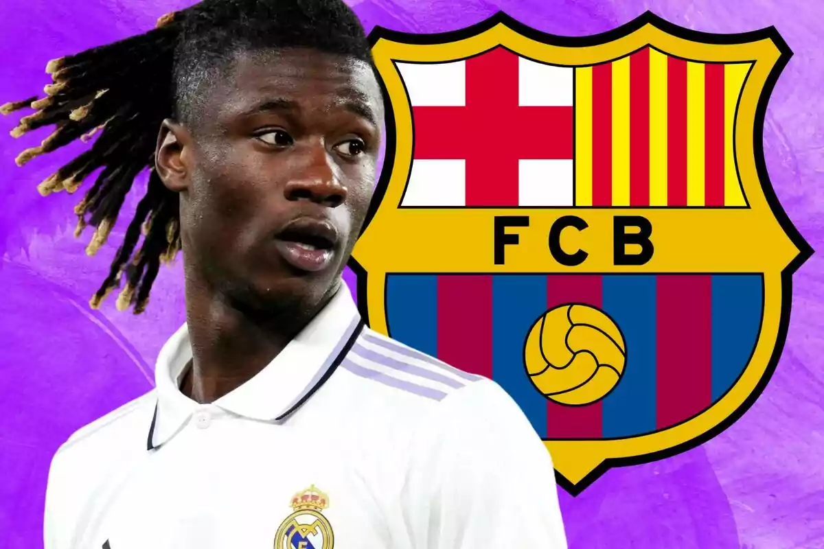 A soccer player in a white jersey in front of the FC Barcelona crest on a purple background.