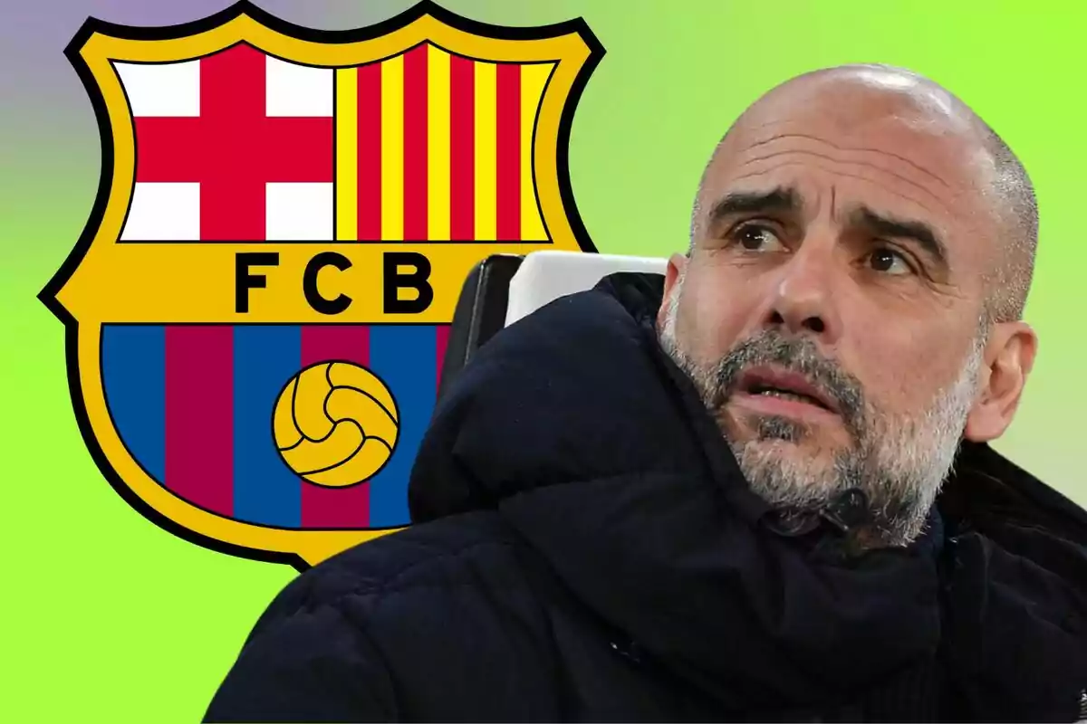 A bearded man in a dark jacket stands in front of the FC Barcelona crest on a green background.