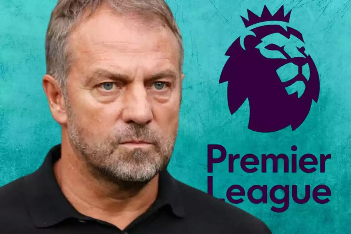 Un hombre con expresión seria junto al logo de la Premier League sobre un fondo turquesa.