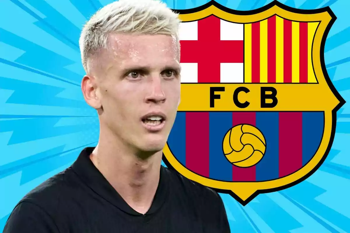 A soccer player with blond hair appears in front of the FC Barcelona crest on a blue background.