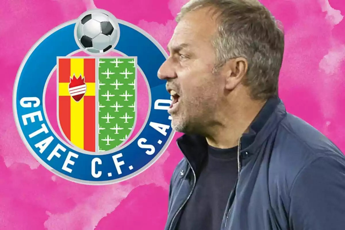 Un hombre de perfil gritando frente al escudo del Getafe C.F. sobre un fondo rosa.