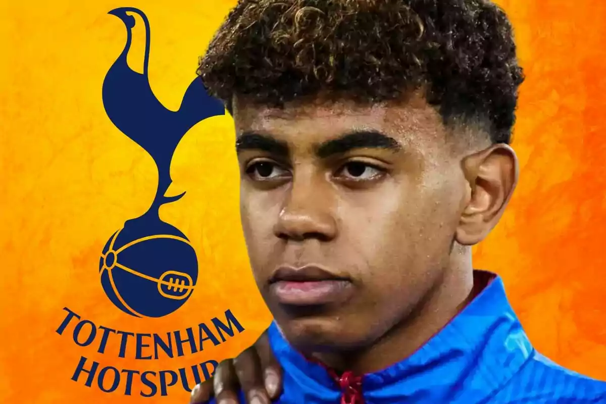 A young man in a blue jacket in front of the Tottenham Hotspur logo on an orange background.