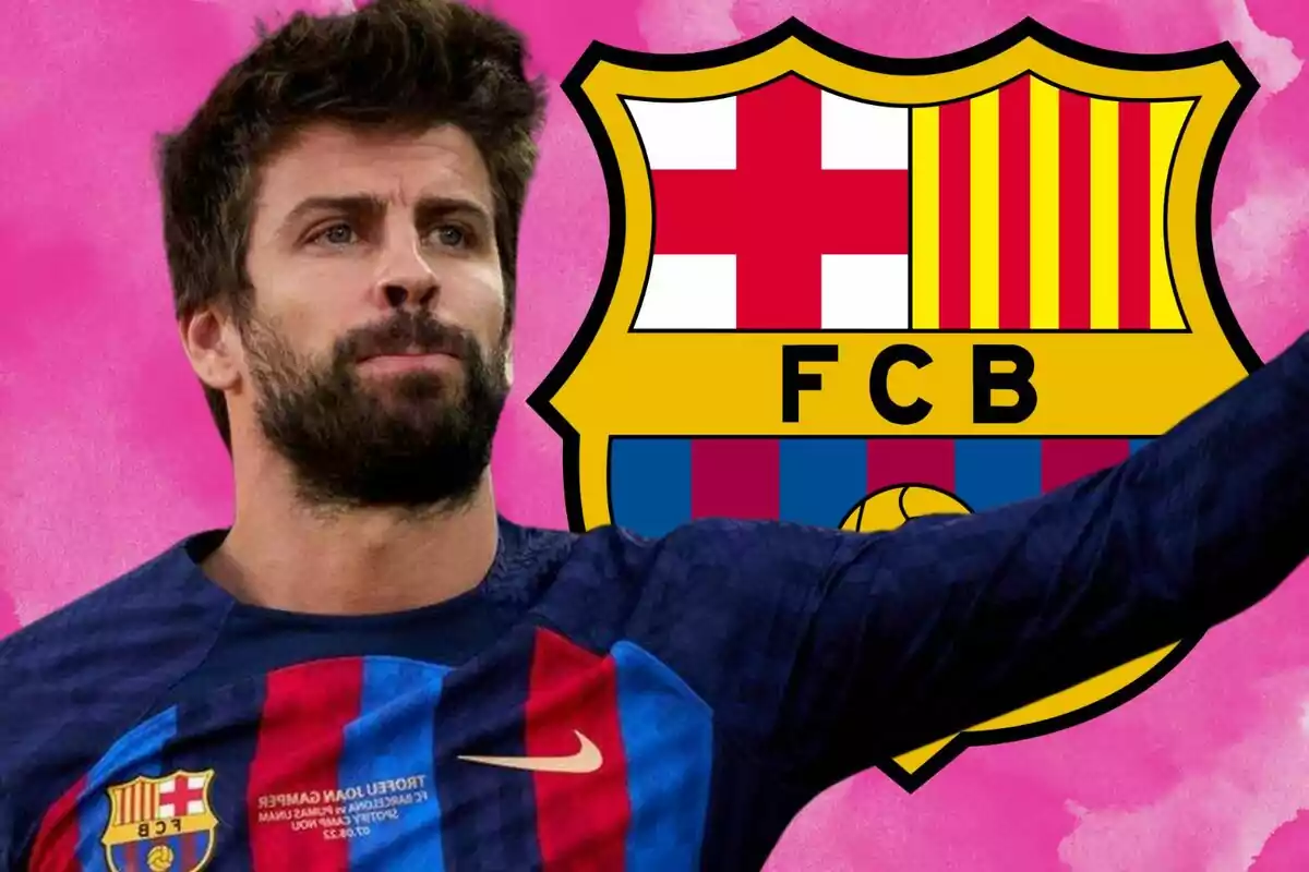 Un jugador de fútbol con la camiseta del FC Barcelona frente al escudo del equipo sobre un fondo rosa.