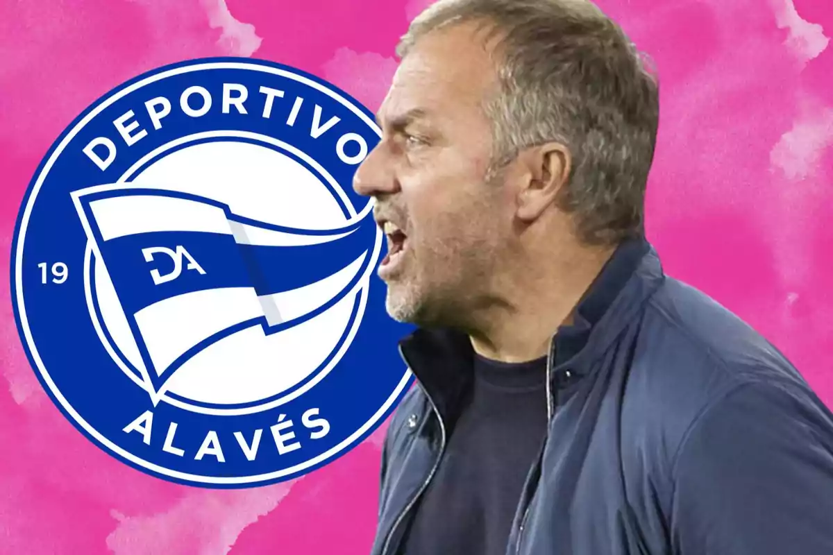 Un hombre de perfil con expresión intensa frente al escudo del Deportivo Alavés sobre un fondo rosa.