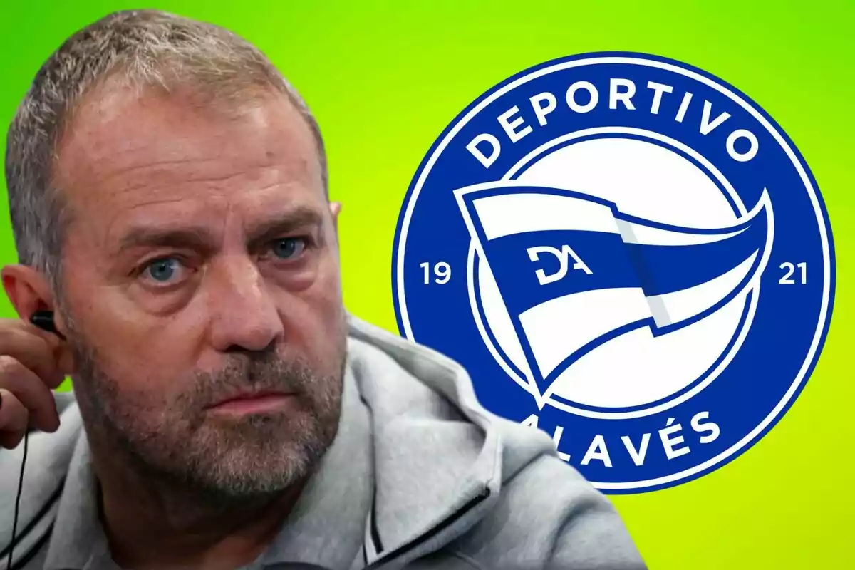 A man with a beard and short hair next to the Deportivo Alavés logo on a green background.