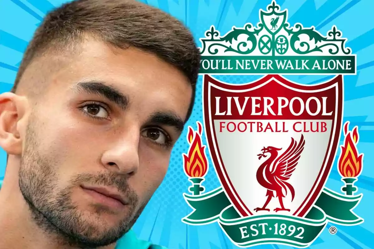 A man with a beard and short hair next to the Liverpool Football Club crest on a blue background.