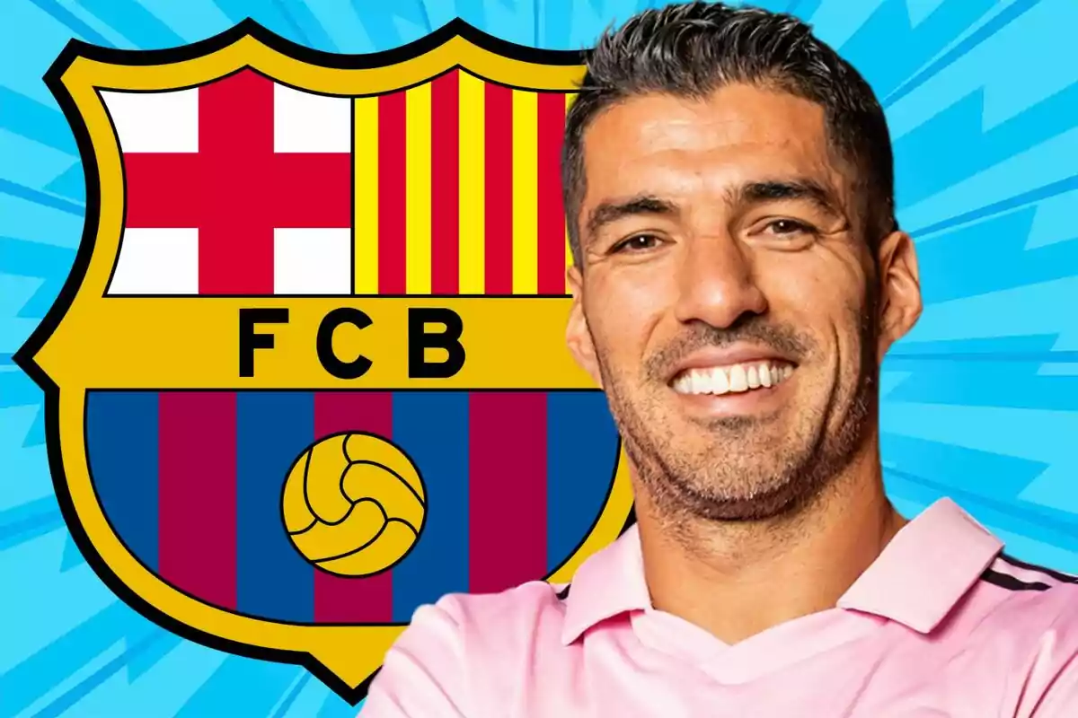 A smiling man in a pink jersey in front of the FC Barcelona crest.