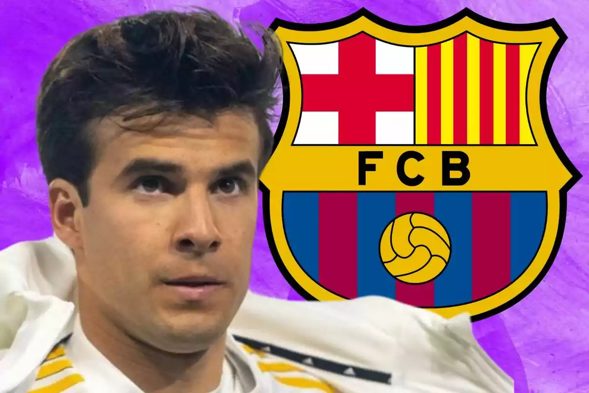 Un hombre con una chaqueta blanca aparece junto al escudo del FC Barcelona sobre un fondo morado.