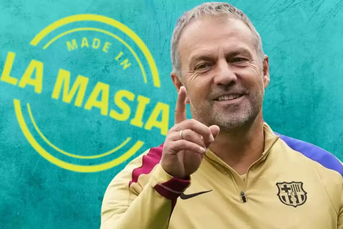 Un hombre sonriente con una chaqueta del FC Barcelona y un fondo azul con el texto "Made in La Masia".