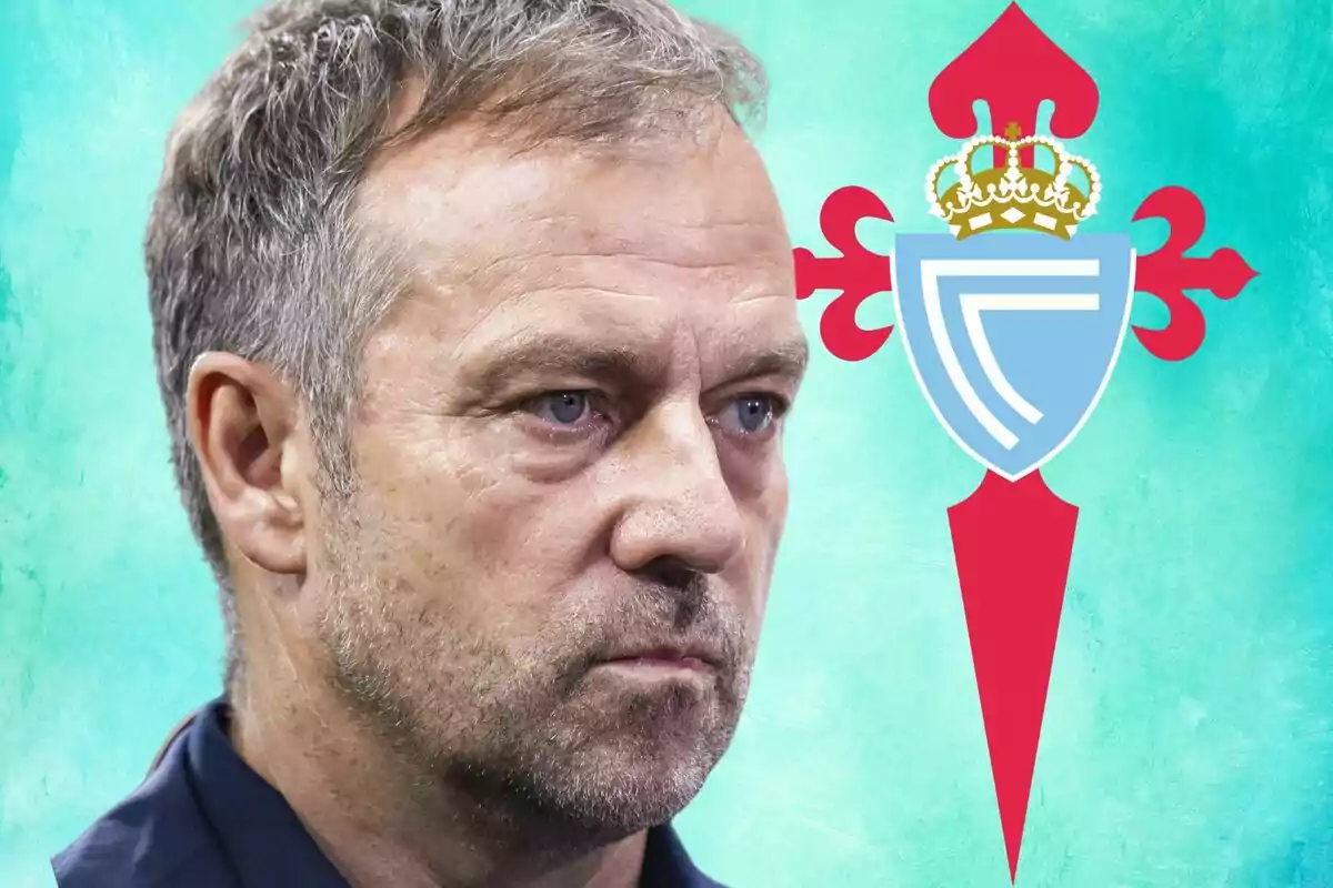 Un hombre con expresión seria frente a un fondo azul con el escudo del Celta de Vigo.