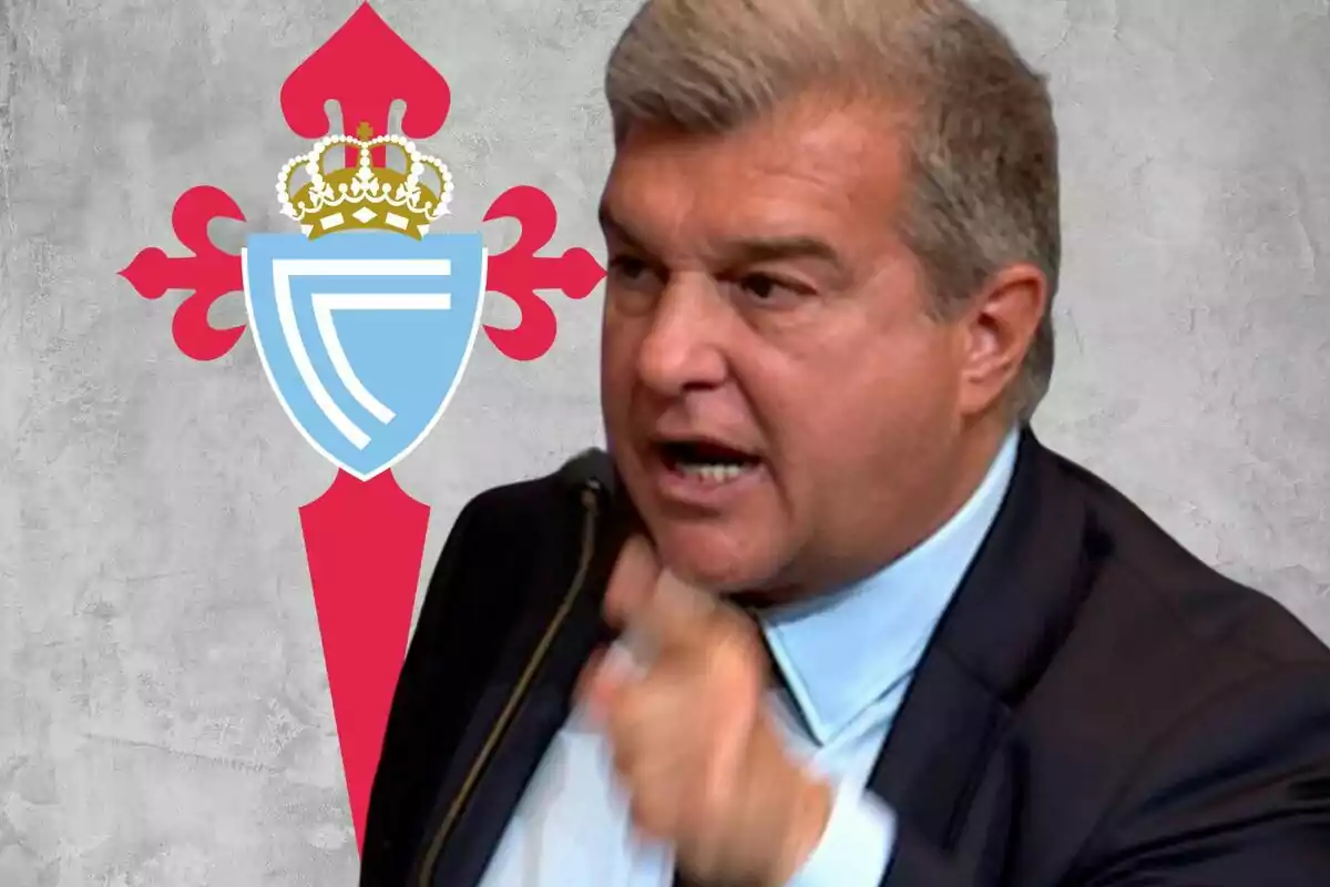 Un hombre hablando con el logo del Celta de Vigo de fondo.