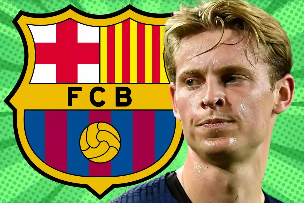 Un jugador de fútbol frente al escudo del FC Barcelona con un fondo verde.