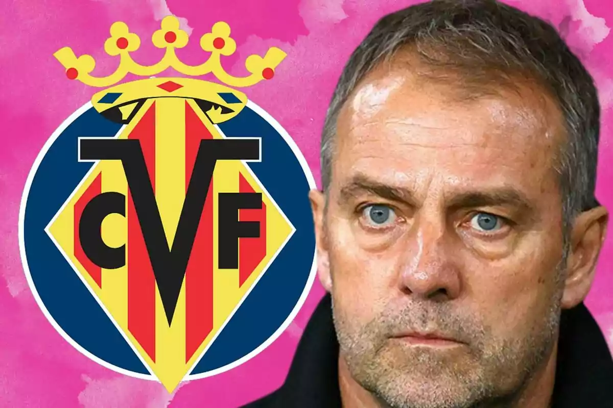 Un hombre con expresión seria junto al escudo del Villarreal CF sobre un fondo rosa.
