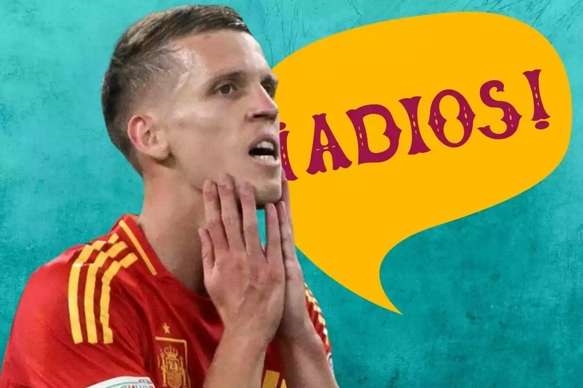 Un jugador de fútbol con la camiseta de España tiene una expresión de sorpresa o preocupación mientras un globo de diálogo amarillo dice "¡ADIOS!" en letras grandes y rojas.