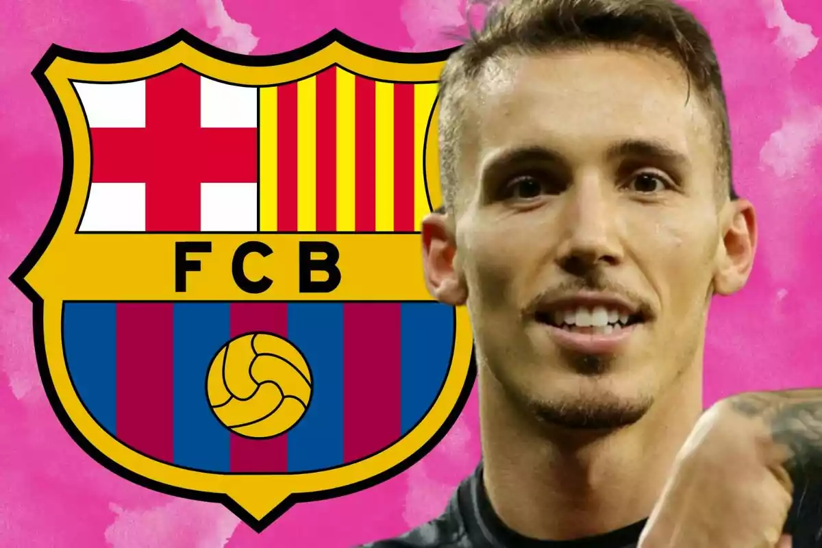 Smiling player with the FC Barcelona crest in the background on a pink backdrop