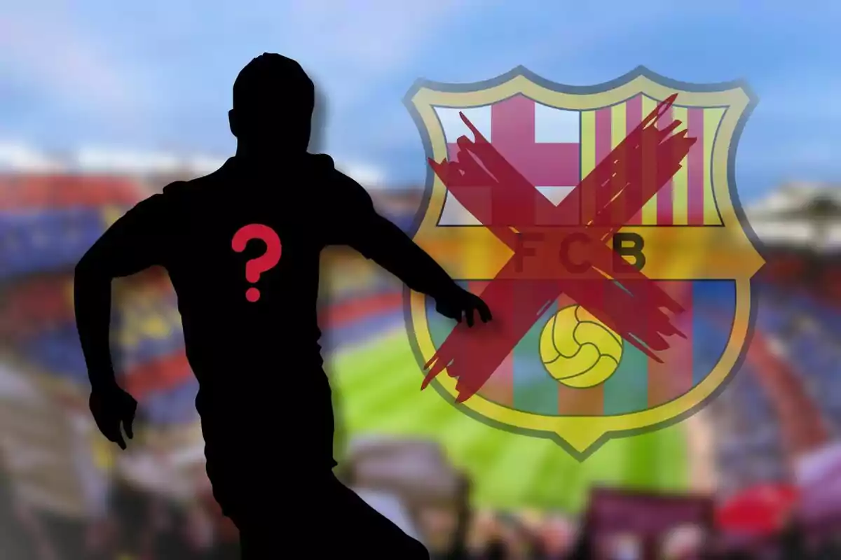 Silueta de un jugador de fútbol con un signo de interrogación en el pecho y el escudo del FC Barcelona tachado en el fondo.