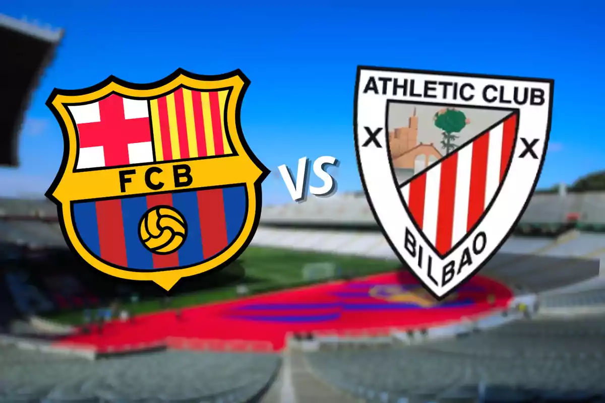 Escudos de los equipos de fútbol FC Barcelona y Athletic Club Bilbao con la palabra "VS" en el centro, sobre un fondo de estadio.