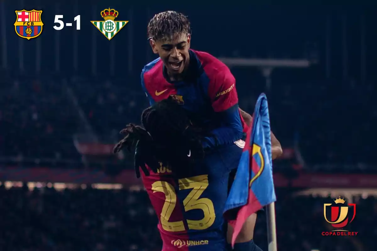 Barcelona players celebrate a goal in a Copa del Rey match against Betis, with the score 5-1 in favor of Barcelona.