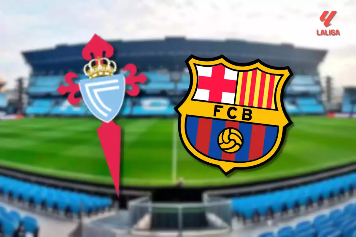 Logos de los equipos de fútbol Celta de Vigo y FC Barcelona sobre un estadio de fondo con el logo de LaLiga en la esquina.