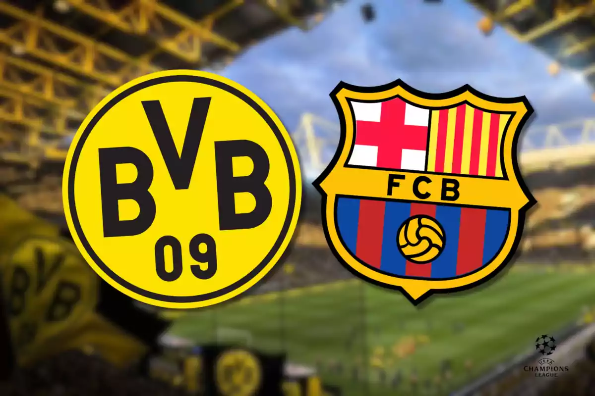 Logos de los equipos Borussia Dortmund y FC Barcelona en un estadio de fútbol.