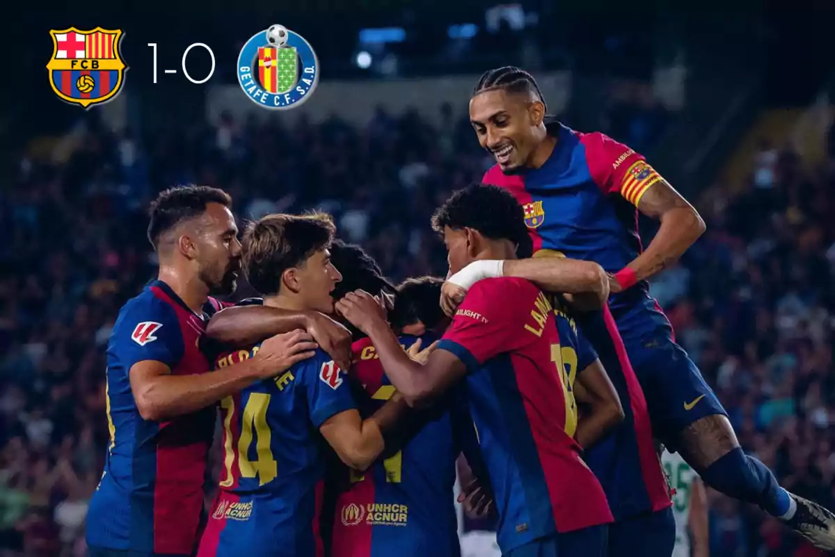 Jugadores del FC Barcelona celebrando un gol en un partido contra el Getafe CF, con el marcador 1-0 a favor del Barcelona.