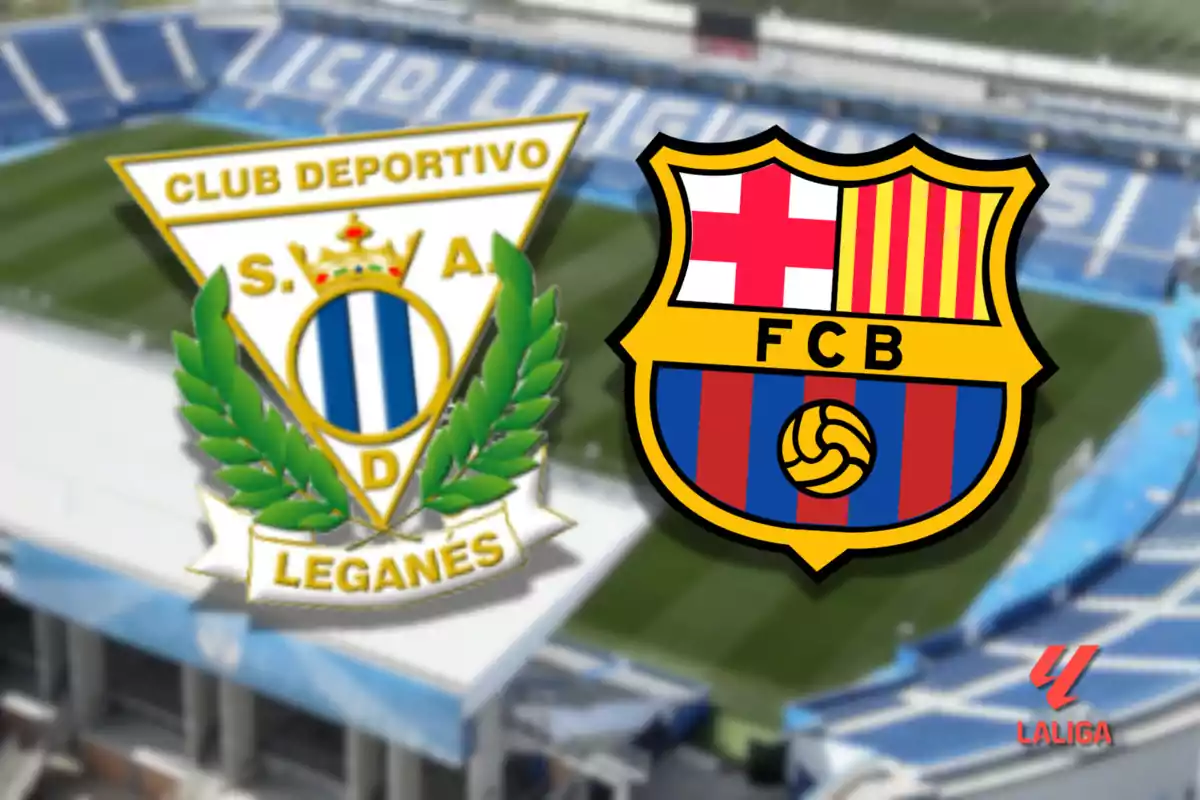 Logos de los equipos de fútbol Club Deportivo Leganés y FC Barcelona sobre un fondo de estadio desenfocado con el logo de LaLiga en la esquina.
