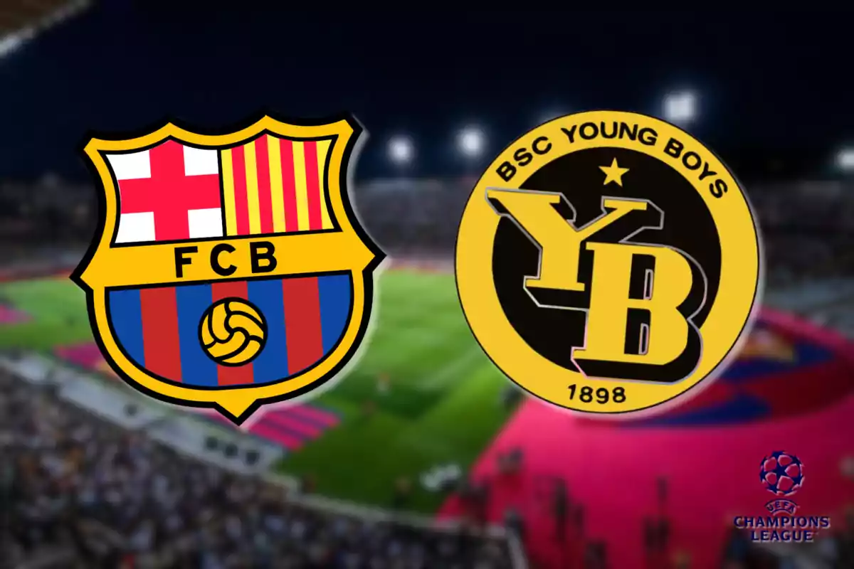 Escudos de los equipos de fútbol FC Barcelona y BSC Young Boys sobre un fondo de estadio con el logo de la UEFA Champions League en la esquina inferior derecha.