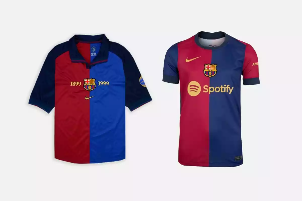 Dos camisetas de fútbol del FC Barcelona, una de la temporada 1999 y otra de la temporada actual, ambas con los colores azul y grana y el logo del club en el centro.