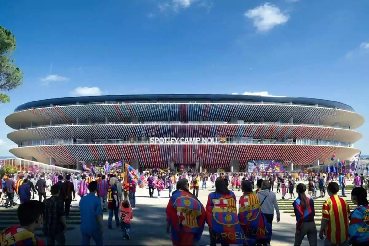 El nuevo estadio del FC Barcelona, una vez terminada la remodelación del Camp Nou. Alrededor, miles de personas con banderines y camisetas del club.