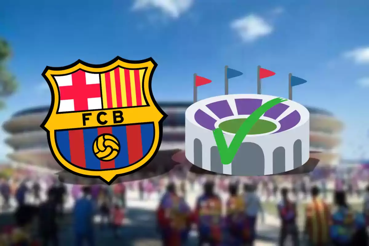 Escudo del FCB junto a un estadio con una marca de verificación verde en un fondo desenfocado de personas y cielo azul.