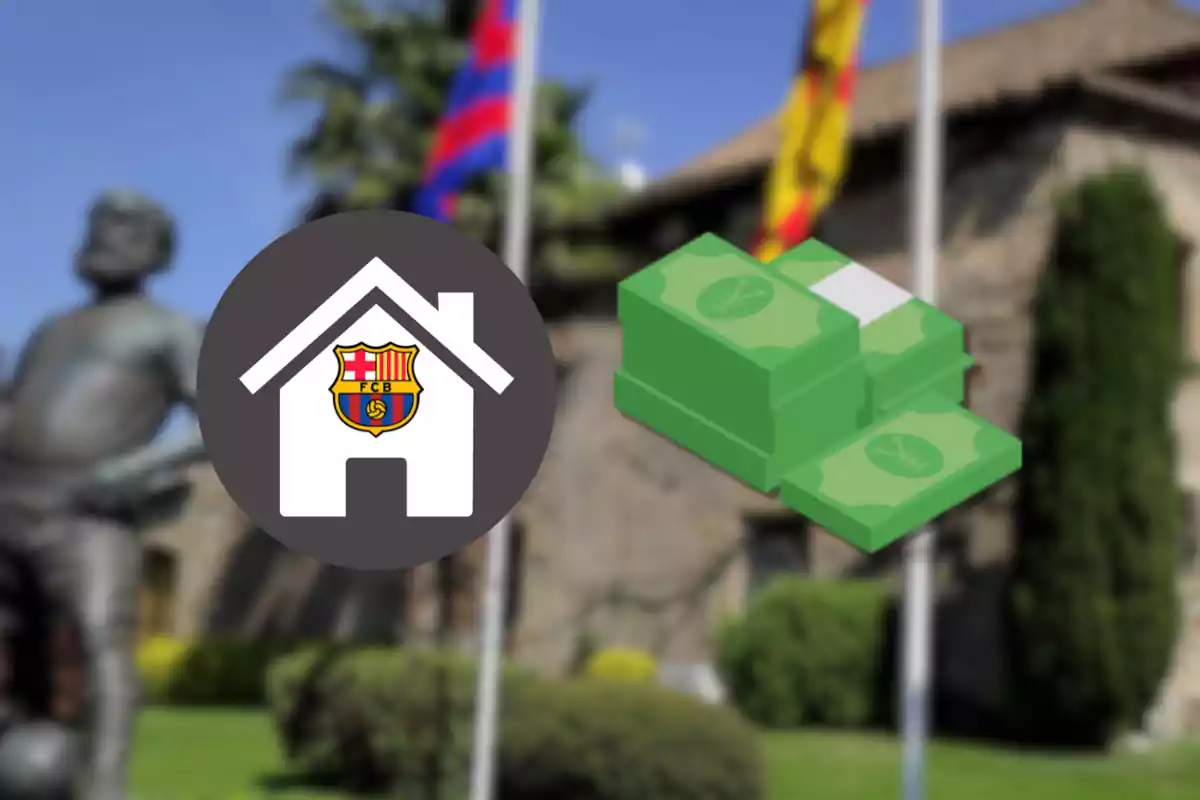 Icono de una casa con el escudo del FC Barcelona junto a un icono de dinero en efectivo sobre un fondo borroso con una estatua y banderas.