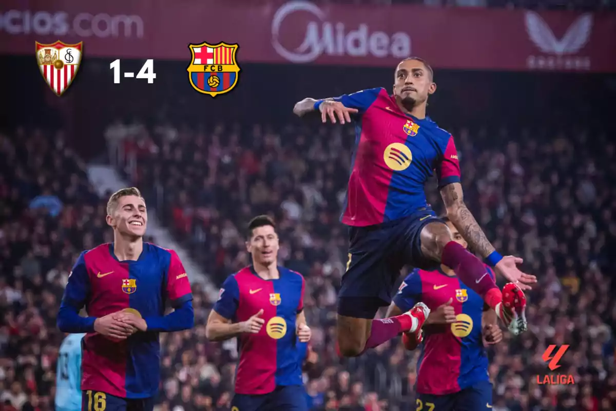 FC Barcelona players celebrate a goal in a match against Sevilla FC, with the scoreboard showing 1-4 in favor of Barcelona.