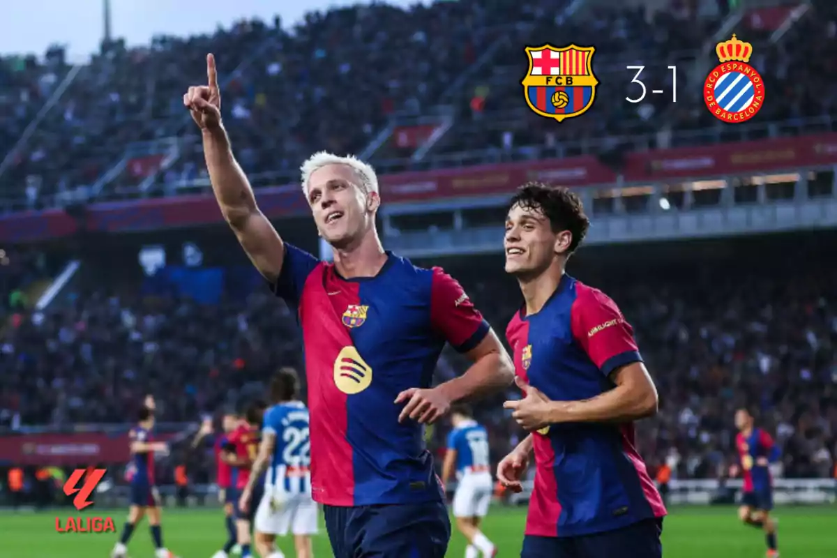 Jugadores del Barcelona celebran un gol en un partido contra el Espanyol con el marcador 3-1 a favor del Barcelona.