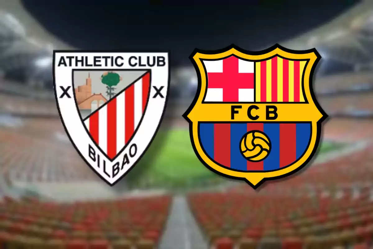 Athletic Club de Bilbao and FC Barcelona soccer team emblems on a blurred stadium background.