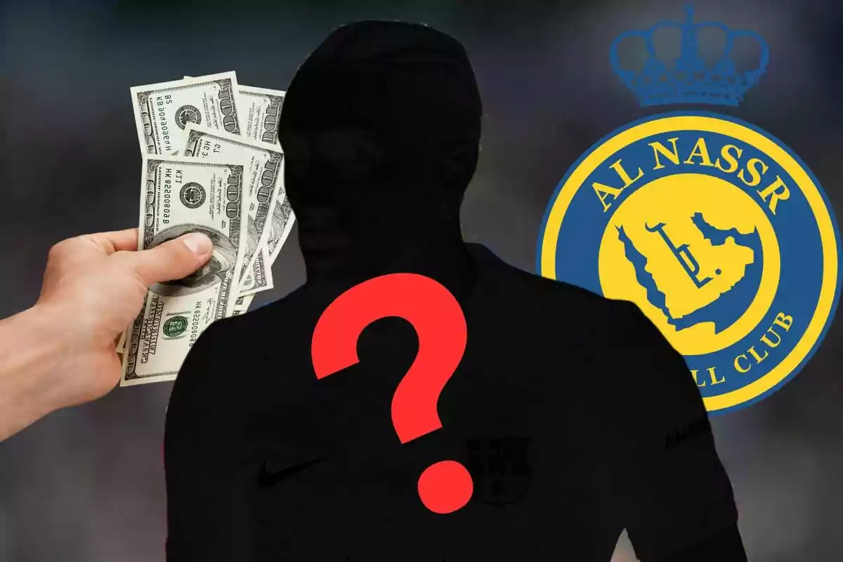 Una mano sosteniendo billetes de dólar junto a la silueta de una persona con un signo de interrogación rojo en el pecho y el logo del club de fútbol Al Nassr al fondo.