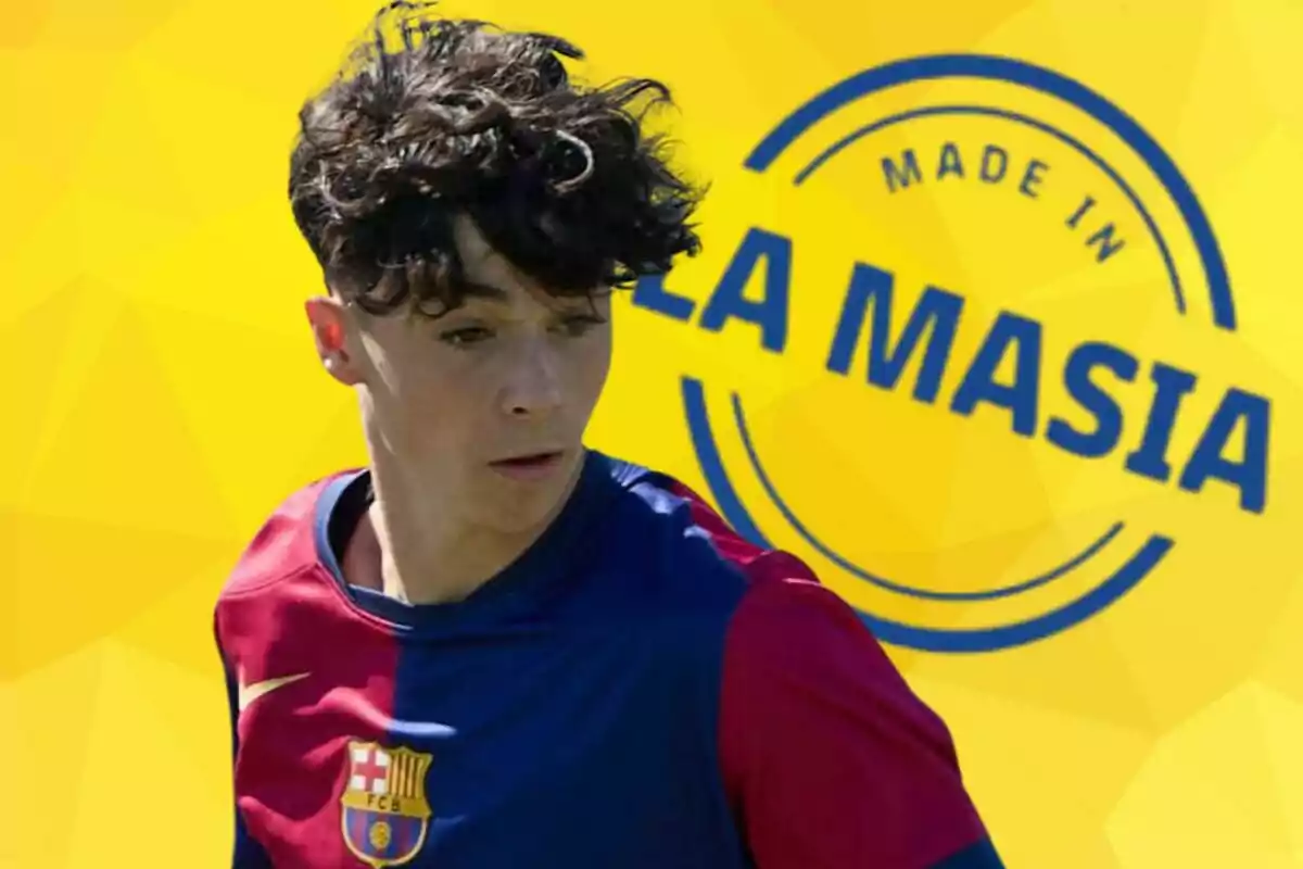 Joven futbolista con uniforme del FC Barcelona frente a un fondo amarillo con el texto "Made in La Masia".